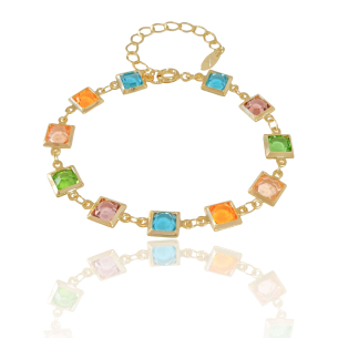Pulseira Ponto de Luz Quadrado Colorido Banho Dourado