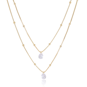 Gargantilha Dupla Gotas Cristal Banho Dourado