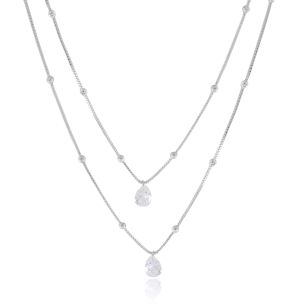 Gargantilha Dupla Gotas Cristal Banho Branco