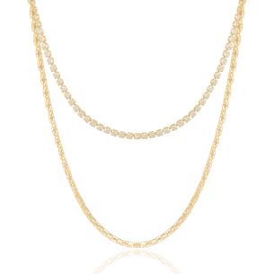 Gargantilha Dupla Riviera Cristal Malha Italiana Banho Dourado