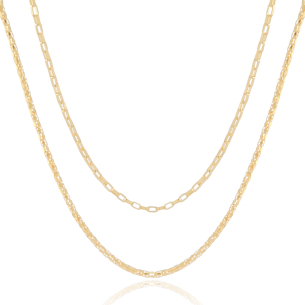 Gargantilha Dupla Elos Retos Malha Italiana Banho Dourado