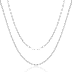 Gargantilha Dupla Elos Retos Malha Italiana Banho Branco