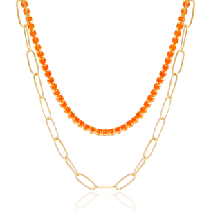 Gargantilha Dupla Riviera Laranja Elos Banho Dourado