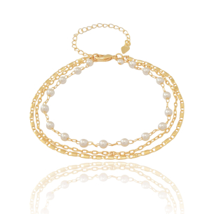 Pulseira Tripla Pérolas Elos Banho Dourado