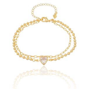 Pulseira Dupla Bolinhas Coração Cristal Elos Banho Dourado