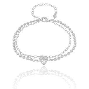 Pulseira Dupla Bolinhas Coração Cristal Elos Banho Branco