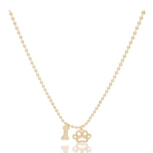 Gargantilha Bolinhas Diamantadas com Patinha e Ossinho Cravejado Cristal Banho Dourado