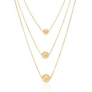 Gargantilha Tripla Bolinhas com Detalhes Banho Dourado