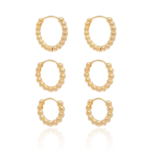Trio Argolas Bolinhas Banho Dourado