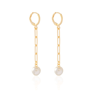 Brinco Argola Elos Pendurados com Pérola 5.5 cm Banho Dourado