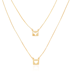 Escapulário Espirito Santo e Coração Vazados Banho Dourado