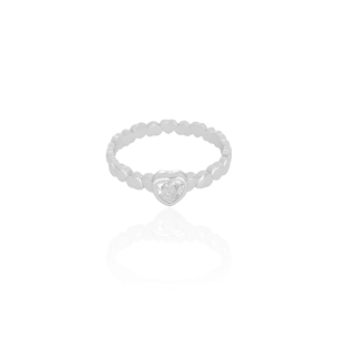 Anel Corações Lisos Cravação Inglesa Cristal Tamanho 16 Banho Branco