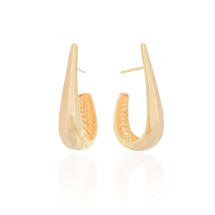 Brinco Meia Argola Oval Gota Lisa Abaulado Banho Dourado