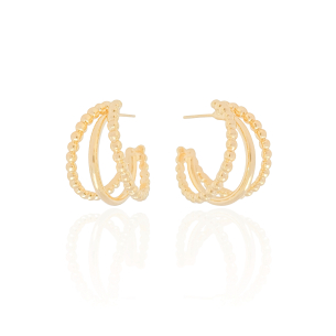 Brinco Meia Argola Três Filetes com Bolinhas Banho Dourado