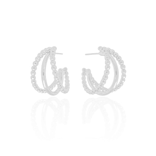 Brinco Meia Argola Três Filetes com Bolinhas Banho Branco