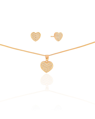 Conjunto Infantil Coração Cravejado Cristal Banho Dourado