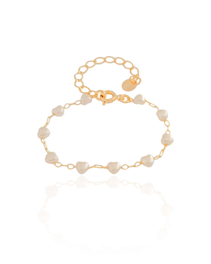 Pulseira Infantil Pérolas Corações Banho Dourado