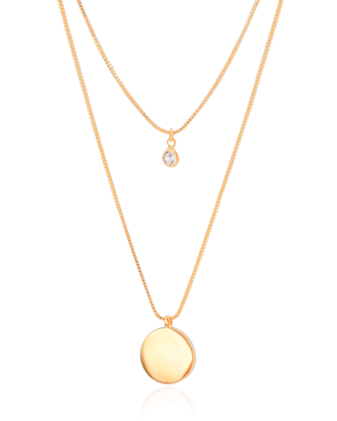 Gargantilha Dupla Veneziana Redondo e Ponto de Luz Cristal Banho Dourado - 40/50 cm