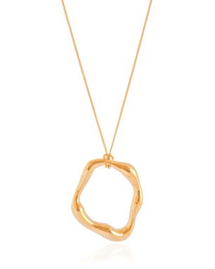 Gargantilha Longa Pingente Orgânico Vazado 3.8 cm Banho Dourado - 65 cm