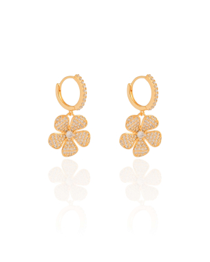 Brinco Argola Flor Cravejada Cristal 2.8 cm Banho Dourado