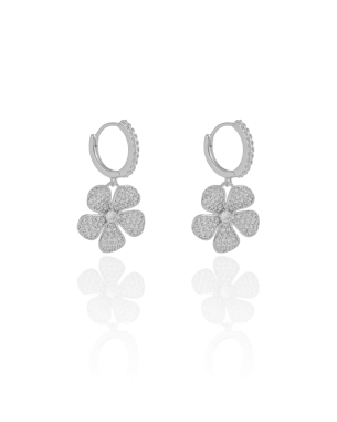 Brinco Argola Flor Cravejada Cristal 2.8 cm Banho Branco