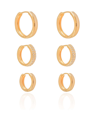 Trio de Argolas Lisas e Cravejada Cristal Banho Dourado
