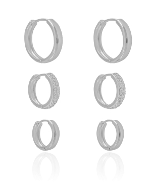 Trio de Argolas Lisas e Cravejada Cristal Banho Branco