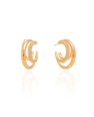 Brinco Argola Filetes Tubo Cravejado Cristal 2.4 cm Banho Dourado