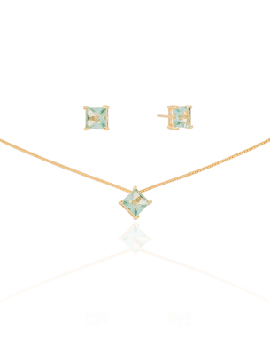 Conjunto Ponto de Luz Quadrado Topázio Sky 6 mm Banho Dourado