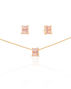 Conjunto Retangular Safira Rosa Banho Dourado