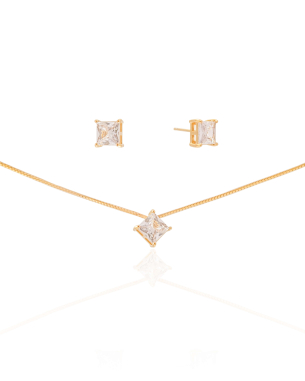 Conjunto Ponto de Luz Quadrado Cristal 6 mm Banho Dourado