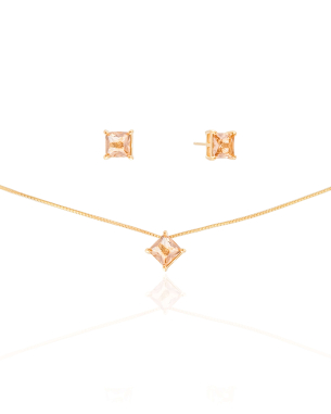 Conjunto Ponto de Luz Quadrado Morganita 6 mm Banho Dourado