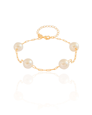 Pulseira Elos Ovais Pérolas 10 mm Banho Dourado