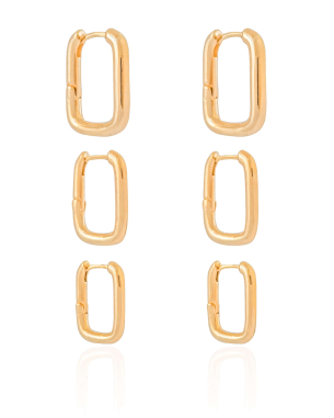 Trio de Argolas Retangulares Banho Dourado