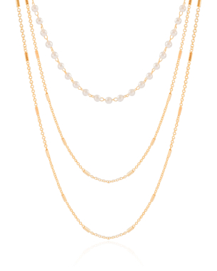 Gargantilha Tripla Pérolas Canutilhos Banho Dourado