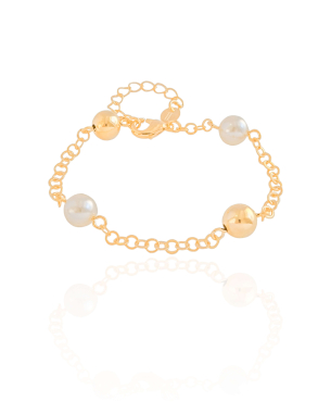 Pulseira Elos Americanos Bolas Pérolas Banho Dourado