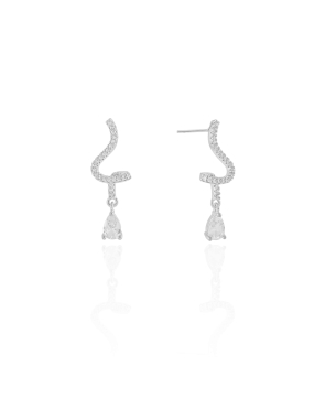 Brinco Torcido Cravejado Gota Cristal 2.6 cm Banho Branco