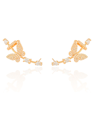 Ear Cuff Borboleta Cravejada Cristal 3.6 cm Banho Dourado