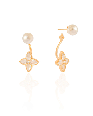 Ear Jacket Pérolas Flor Cristal 2.8 cm Banho Dourado