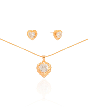 Conjunto Coração Ponto de Luz Cristal Banho Dourado