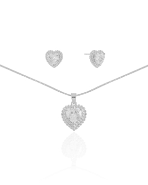 Conjunto Coração Ponto de Luz Cristal Banho Branco