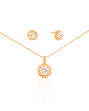 Conjunto Redondo Ponto de Luz Cristal Banho Dourado