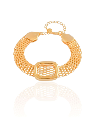 Pulseira Malha Italiana Retângulo Liso Banho Dourado